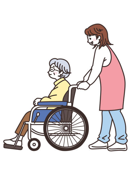 휠체어를 탄 노인 여성과 간병인 여성. - 介護 stock illustrations