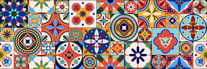 Azulejos Portugal. Turkish ornament. Moroccan tile mosaic. Ceramic tableware, folk print. Spanish pottery. Ethnic background. Mediterranean seamless wallpaper.