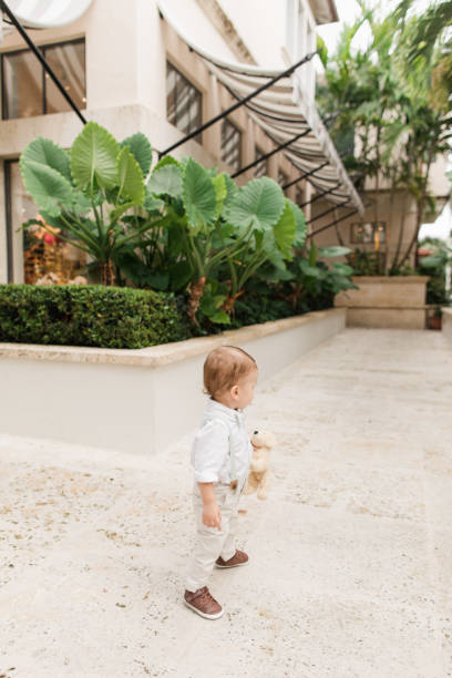 Lifestyle Candid Moment of a Cuban-American 1-Year-Old Baby Boy with Short Light Brown Hair Wearing Sage Green Bow Tie, Suspenders, White Buttondown Shirt, Pants & Brown Shoes Walking Around a Garden in Tropical Palm Beach, Florida in May of 2023 estilo de vida momento sincero de un bebé cubanoamericano de 1 año con cabello castaño claro corto con pajarita verde salvia, tirantes, camisa blanca abotonada, pantalones y zapatos marrones caminando por un jardín en tropical palm beach, florida en ma