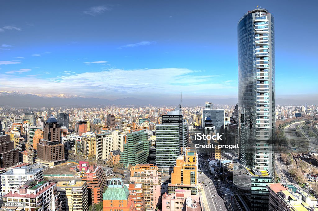 Amazing City Aerial shot Aerial view of the financial district at Santiago de Chile. Great blue sky in a sunnny day. Aerial View Stock Photo