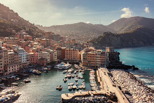 Aerial view of the italian coastal town of Camogli in Genoa Liguria