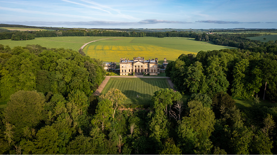 Duncombe Park, Helmsley, UK - May 29, 2023.  Aerial view of Duncombe Park stately home and estate in the North Yorkshire Moors National Park at Helmsley