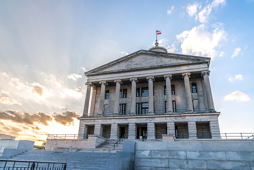 Sunset Behind the Tennessee State Capitol in Nashville, Tennessee from a Low Angle View