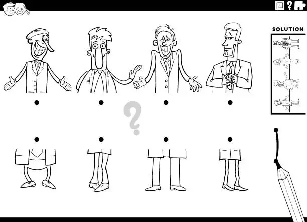 Vector illustration of match halves task with cartoon men characters coloring page
