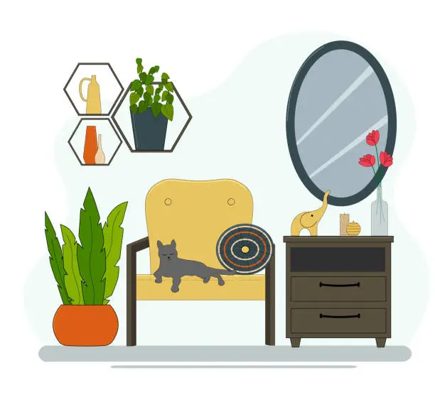 Vector illustration of Armchair with cat and sofa cushion. Shelves with plants in pots. Mirror and cabinet with figurines and a vase of flowers. Vector.