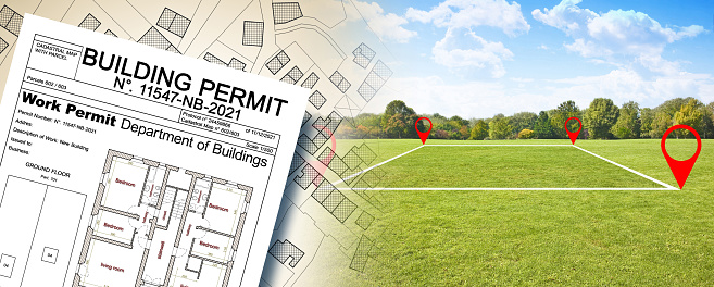 Land plot management - real estate concept with a vacant land available for building construction in a residential area for sale and imaginary cadastral map