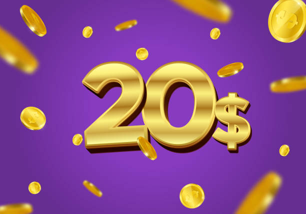 ilustrações de stock, clip art, desenhos animados e ícones de 20 dollar gift or offer poster with flying gold coins. twenty dollar coupon voucher, cash back banner special offer, casino winner. vector illustration. - twenty dollar bill dollar us currency backgrounds