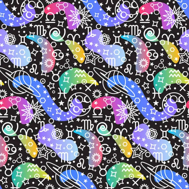Vector illustration of Zodiac Signs Space Planets Seamless Pattern