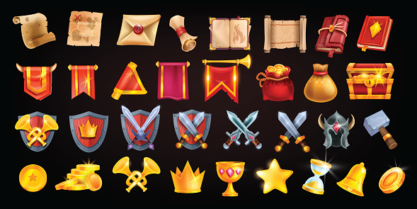 Golden treasure chest, coin pile, wooden knight shield, sword, envelope, old map. Fantasy casino icon