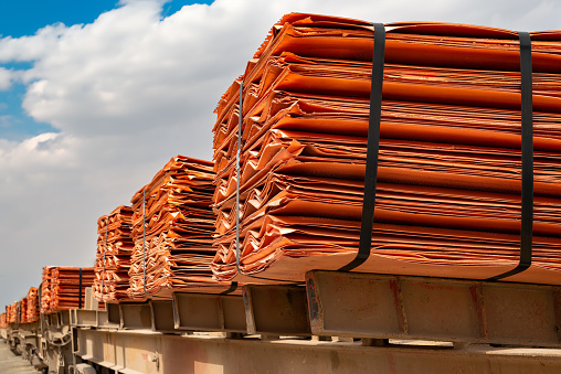 Copper cathodes loaded on a train in a copper mine ready to be delivered, Chile