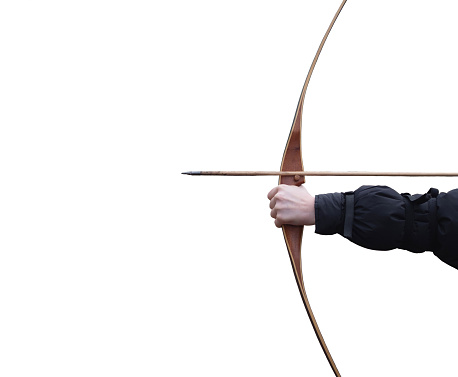 An archer's arm drawing the bow over a white background