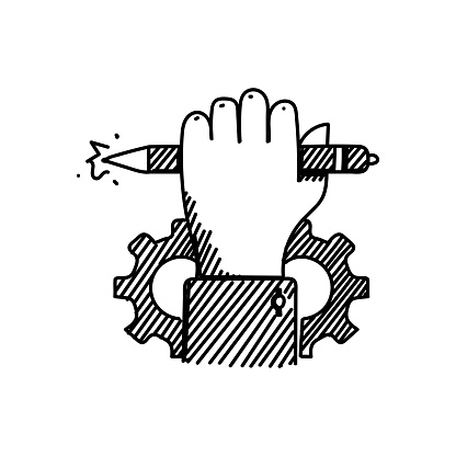 Employee Skill Line icon, Sketch Design, Pixel perfect, Editable stroke. Logo, Sign, Symbol. Human Hand, Gear.