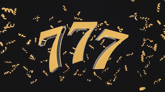 A golden 777 number symbol set against a black background
