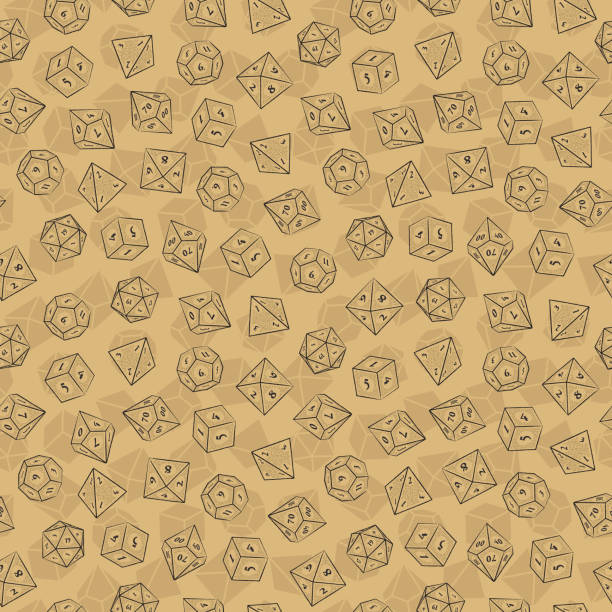 ilustraciones, imágenes clip art, dibujos animados e iconos de stock de patrón marrón sin costuras de dados d4, d6, d8, d10, d12 y d20 para juegos de mesa - hexahedron