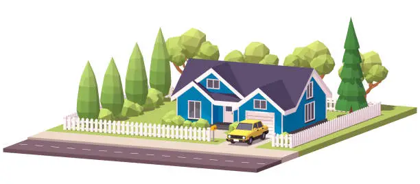 Vector illustration of Blue Classic Suburban Family House With Yellow Car in Front of It. Low Poly Dimetric Illustration