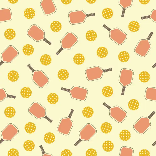 Vector illustration of Seamless Pattern of Yellow Outdoor Balls and Pink Rackets for Pickleball
