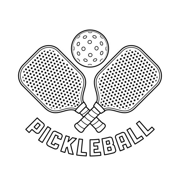 Pickleball Logo With Crossed Racket and Ball Above Them in Outline Style vector art illustration