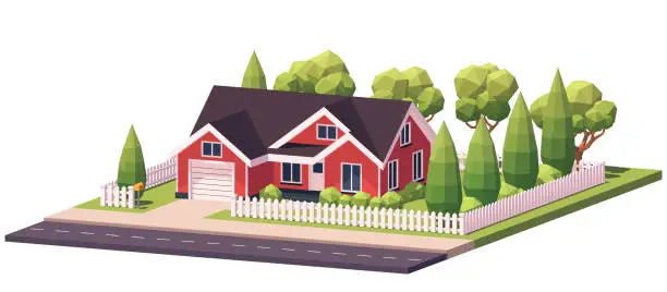 Vector illustration of Red Classic Suburban Family House. Low Poly Dimetric Illustration