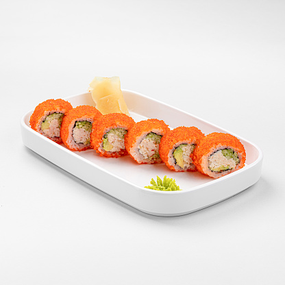 Portion of california sushi rolls on white background