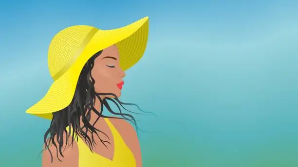 Vector illustration of Woman with yellow big sun hat and blowing hair in wind at blue blurred colored sky. Dimension 16:9. Vector illustration.
