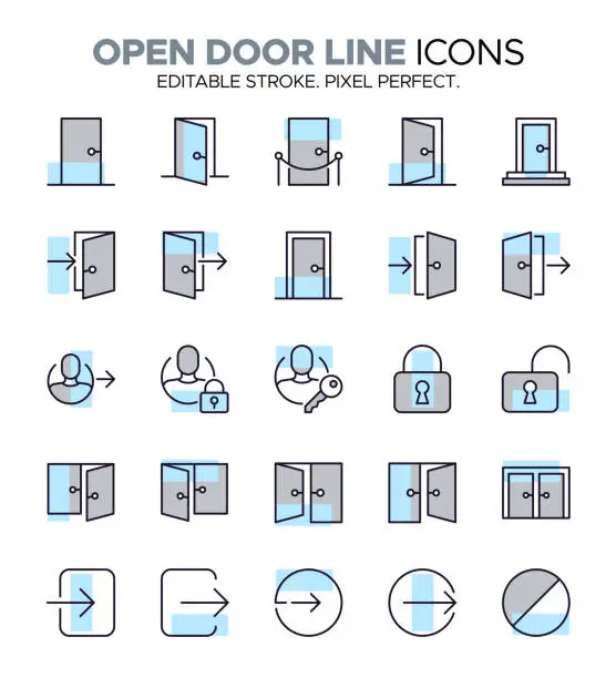 Vector illustration of Colorful Open Door Line Icon Set - Login, Register, Logout, Password and more symbols