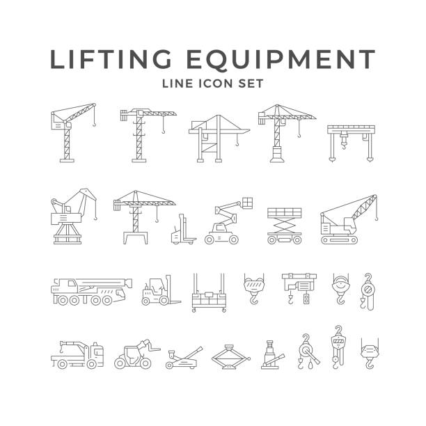 ustaw ikony linii urządzeń dźwigowych - hydraulic platform illustrations stock illustrations