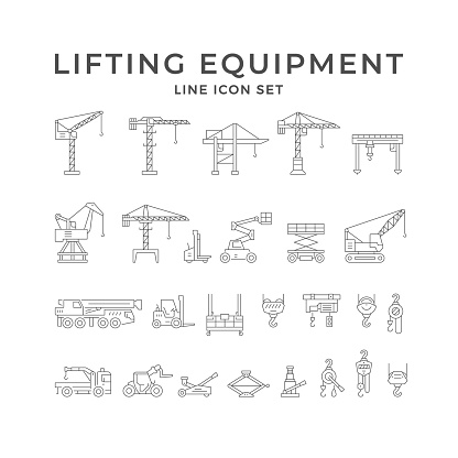 Set line icons of lifting equipment isolated on white. Telescopic boom arm, scissor lift, forklift, car jack, mobile crane, winch, suspended platform. Vector illustration