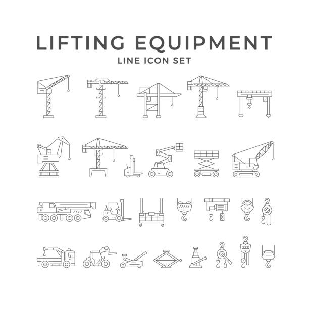 Set line icons of lifting equipment Set line icons of lifting equipment isolated on white. Telescopic boom arm, scissor lift, forklift, car jack, mobile crane, winch, suspended platform. Vector illustration hook equipment stock illustrations