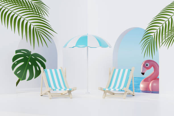 istock 3D render Summer vacation abstract product display, Minimal Realistic Display Podium in the blue ocean sea background concept, Cosmetics with tropical summer island, umbrella, inflatable ring. 1498459404