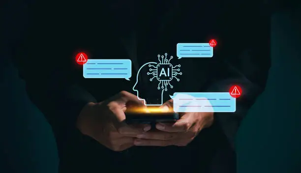 Business man using digital chatbot Artificial Intelligence (AI) with hacking and warning alert. cyber attack network, spyware or Malicious software. Technology cyber security and cybercrime.