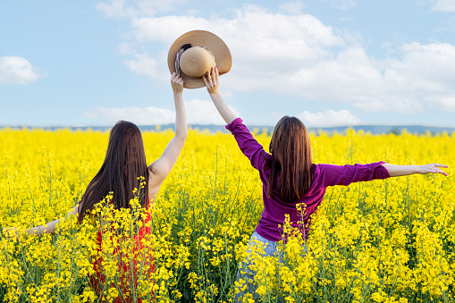 Two beautiful young long hair woman in the middle of rapeseed yellow field with hat on hand
