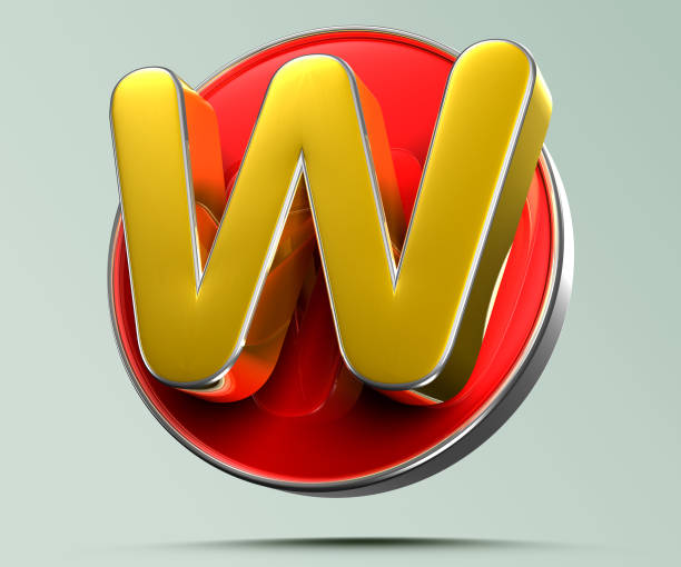 Letter W golden yellow in red circle 3D illustration on light gray background have work path. Advertising signs. Product design. Product sales. Product code.