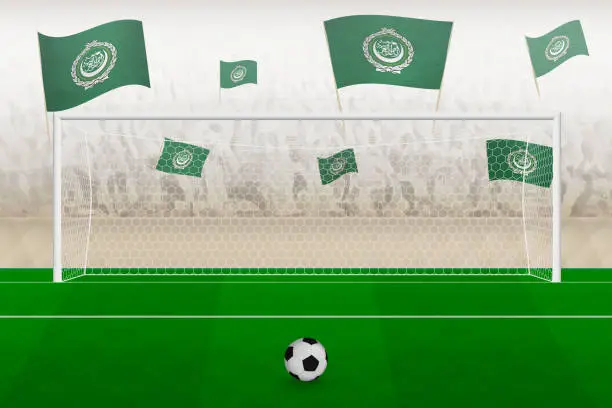 Vector illustration of Arab League football team fans with flags of Arab League cheering on stadium, penalty kick concept in a soccer match.