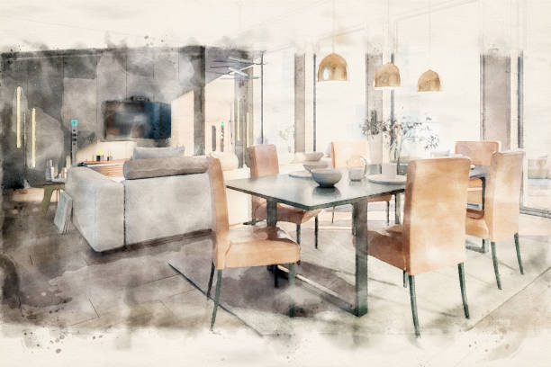istock Cute Penthouse Open Area Loft - Watercolor Collection 1498466503