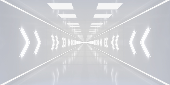 White tunnel with glowing neon arrow pointers sign on walls. 3d illustration.