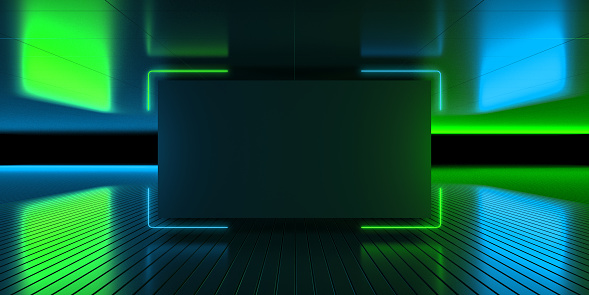 Rectangular blank frame, copy space. 3d render neon abstract background. Futuristic landscape, reflections on the ground. Green blue light, virtual reality, laser rectangle.
