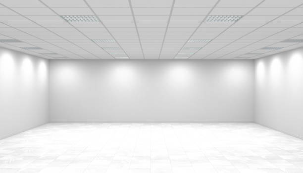 istock Empty bright office room with white walls and square lights. 3d render 1498470292