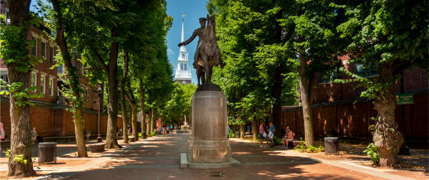 Paul Revere Statue and Old North Church panorama in downtown Boston Massachusetts USA stock photo
