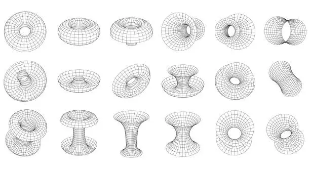 Vector illustration of Abstract Strange Wireframe 3D shapes. Torus, black holes, pipes, funnels. Distorted grid, 3D Mesh. Set of different vector graphic design elements in 80s cyberpunk style.