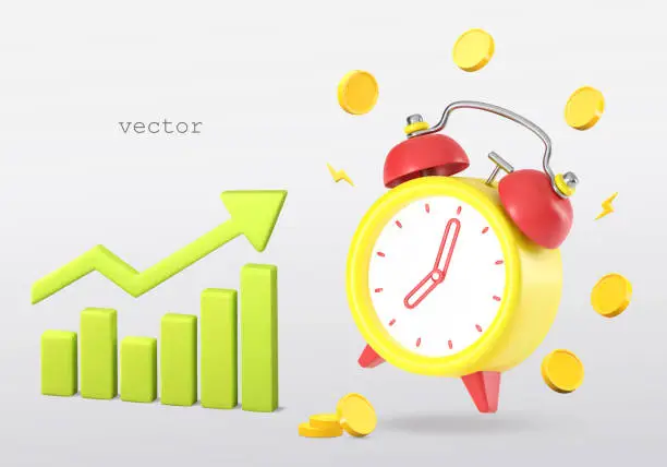 Vector illustration of Vector 3d growth stock chart with coins and ringing alarm. Investing time concept. Excellent investing business graph. Growth chart with Green arrow of trend. 3D render realistic illustration