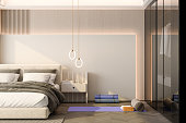Modern Bedroom Interior With Bed Furniture, Exercise Mats, Pillow And Yoga Block. Exercising At Home