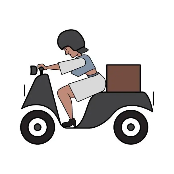 Vector illustration of Young Woman Delivers Food on a Motorcycle.