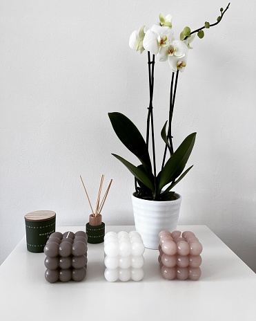 A vertical shot of cube candles, incense, and a potted orchid on a shelf