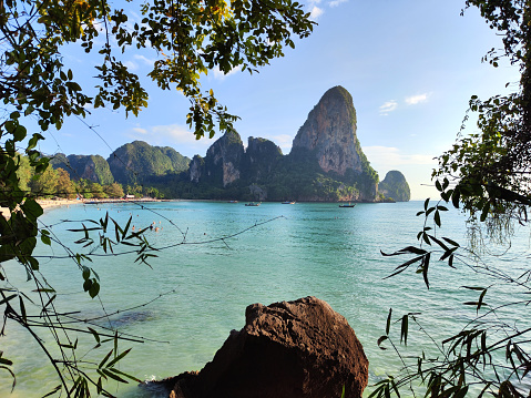 View of Railay beach, one of the most famous beaches in Krabi and one of the most beautiful places in Thailand.