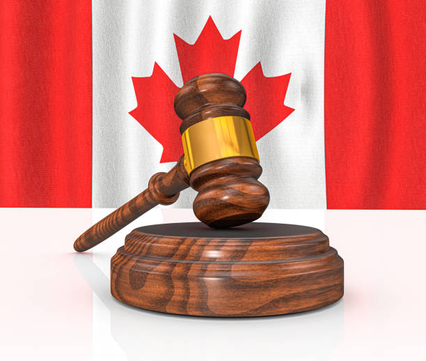 concetto di legge canadese - bandiera canadese e martelletto del giudice - canadian flag flag trial justice foto e immagini stock