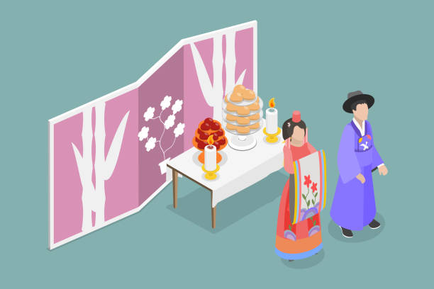 3D Isometric Flat Vector Conceptual Illustration of Korean Wedding 3D Isometric Flat Vector Conceptual Illustration of Korean Wedding, Couple Wearing Traditional Costumes korean doll stock illustrations