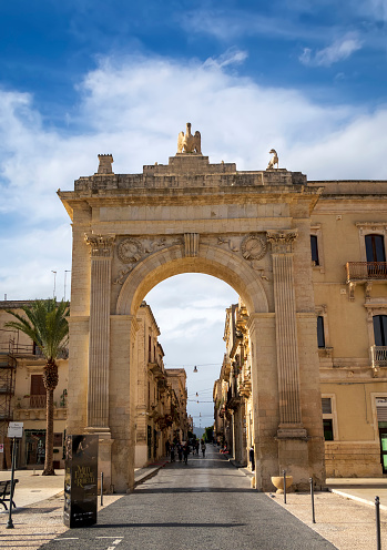 Noto - November 22, 2022, Sicily, Italy: The City Gate in the Sicilian town which is considered the capital of Italian Baroque