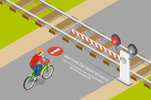 3D Isometric Flat Vector Conceptual Illustration of Bicycle Riding Rules, Stop Before Approaching Train