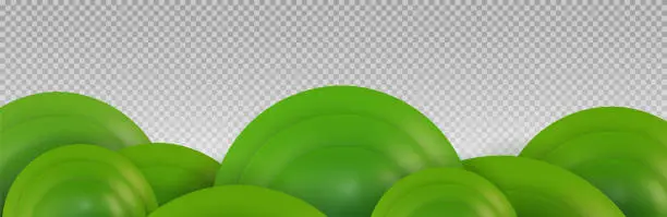 Vector illustration of 3d realistic cartoon green hills on transparent background. Summer landscape element. Minimal nature cute composition. Vector illustration.