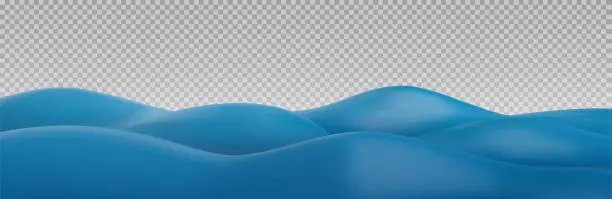 Vector illustration of 3d realistic cartoon blue water waves on transparent background. Sea, ocean or river surface. Minimal nature cute composition. Vector art illustration.